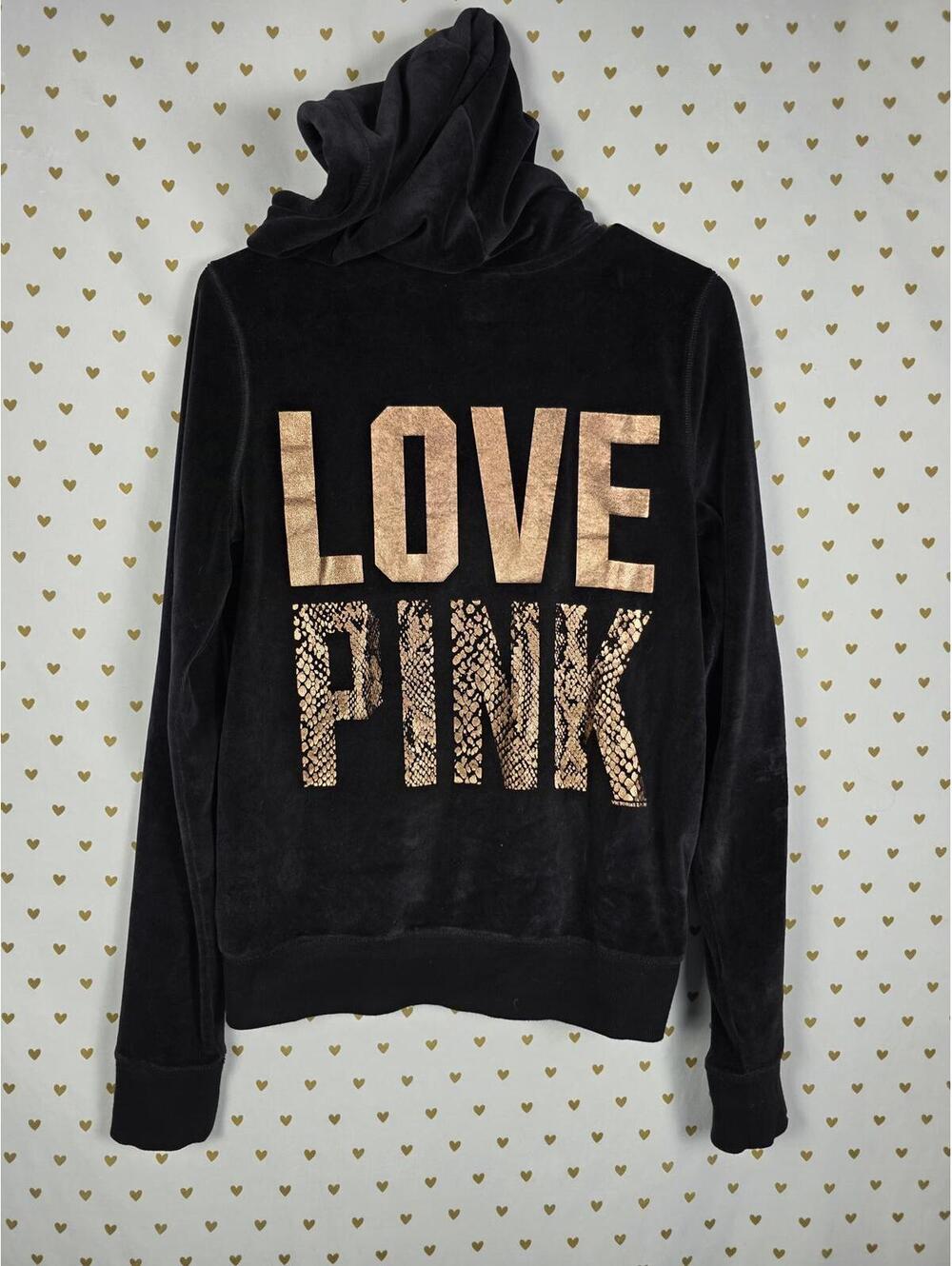 Victorias Secret Pink GOLD Velour Snake Print Bling Full Zip VTG Y2k Hoodie MED